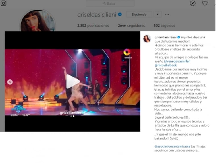 Griselda Siciliani renunció al Súper Bailando: "Decido irme porque mi libertad es mi mayor tesoro"