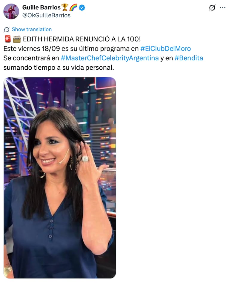 Guille Barrios confirmó que Edith Hermida renuncia a "El Club del Moro" (Captura: X)