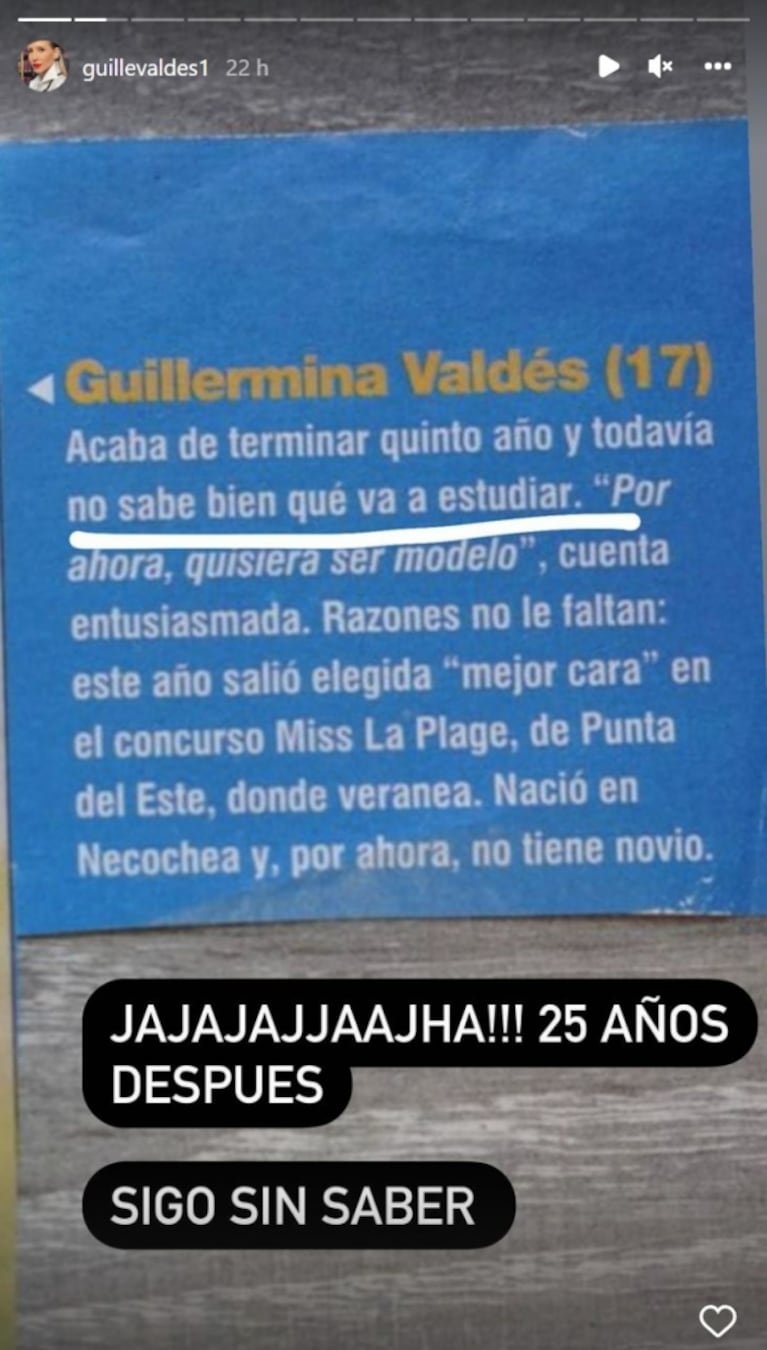 Guillermina Valdés compartió una foto de 1997 y se rió de su declaración: "25 años después"