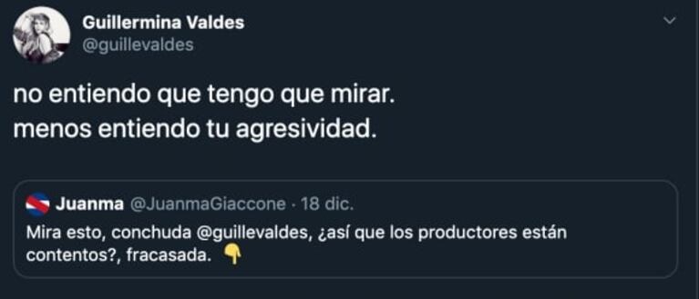 Guillermina Valdés se cruzó con un seguidor por un desagradable insulto: "No entiendo tu agresividad"