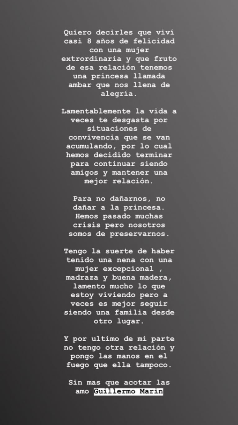 Guillermo Marín anunció su separación de Valeria Archimó, tras ocho años juntos: su sorpresivo comunicado