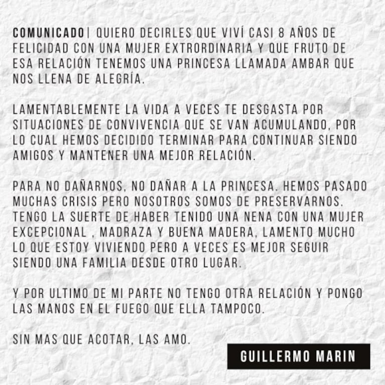 Guillermo Marín anunció su separación de Valeria Archimó, tras ocho años juntos: su sorpresivo comunicado