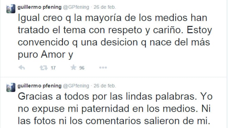 Guillermo Pfening fue padre con su mejor amiga: su descargo en Twitter (Foto: Twitter)