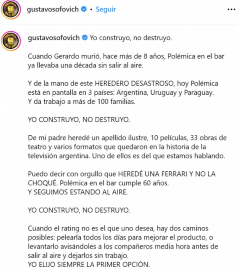 Gustavo Sofovich fulminó a Jorge Rial por criticar el rating de Polémica en el Bar: "Yo no destruyo"