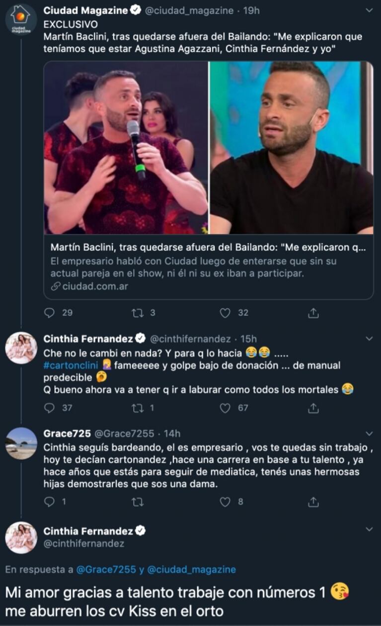 Habló Cinthia Fernández, tras las declaraciones de Martín Baclini al quedarse fuera del Bailando: “Qué golpe bajo lo de la donación”
