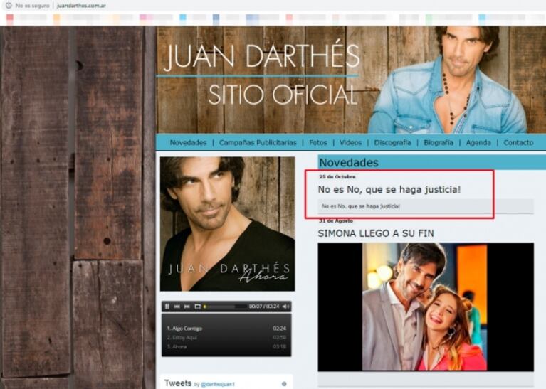 Hackearon el sitio oficial de Juan Darthés: el mensaje que le dejaron
