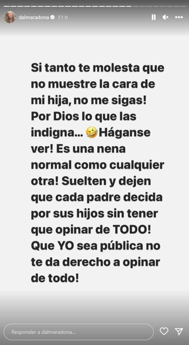  “Háganse ver”: Dalma Maradona estalló contra los haters que la cuestionan por no mostrar la cara de su hija