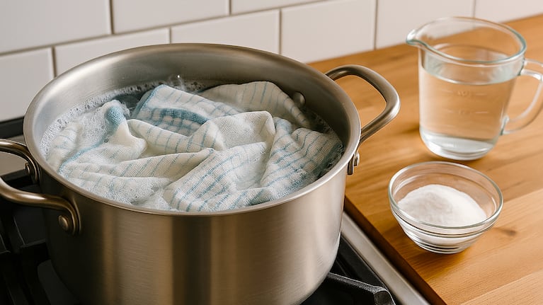 Hervir los repasadores sirve para mantener la higine integral de la cocina. Foto: IA (ChatGPT)