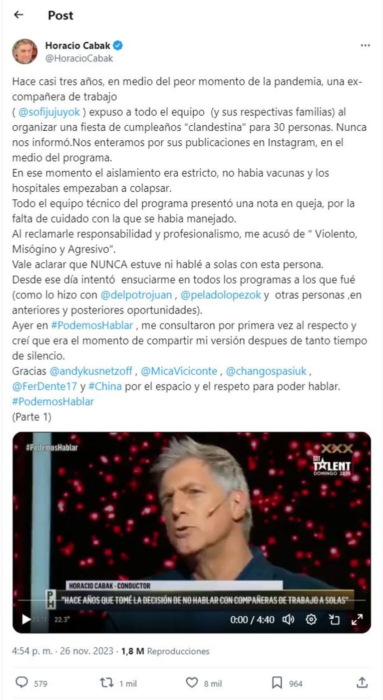 Horacio Cabak contra Sofía Jujuy Jiménez en X.