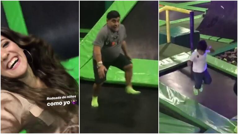 Maradona, Dieguito Fernando y Jana se divierten en un juego de camas elásticas