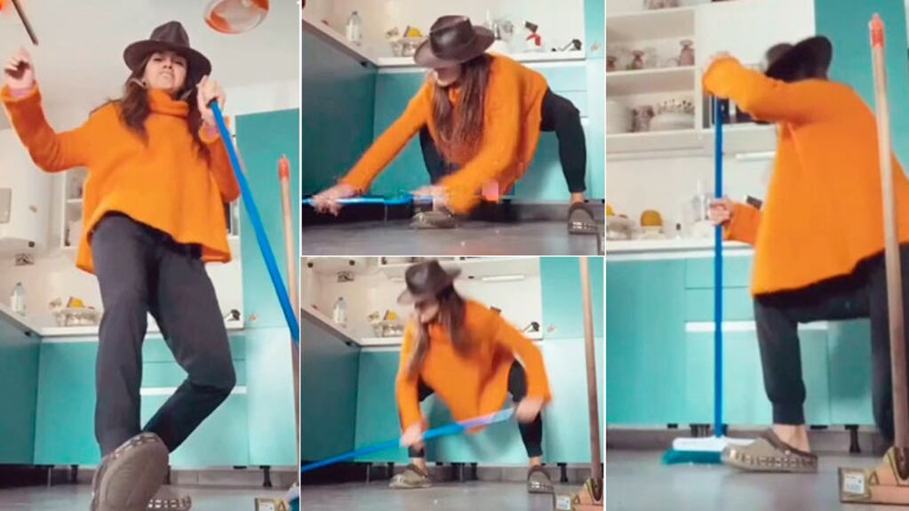 ¡De pantuflas y sombrero! El divertido video de Natalie Pérez haciendo gimnasia mientras limpia la casa