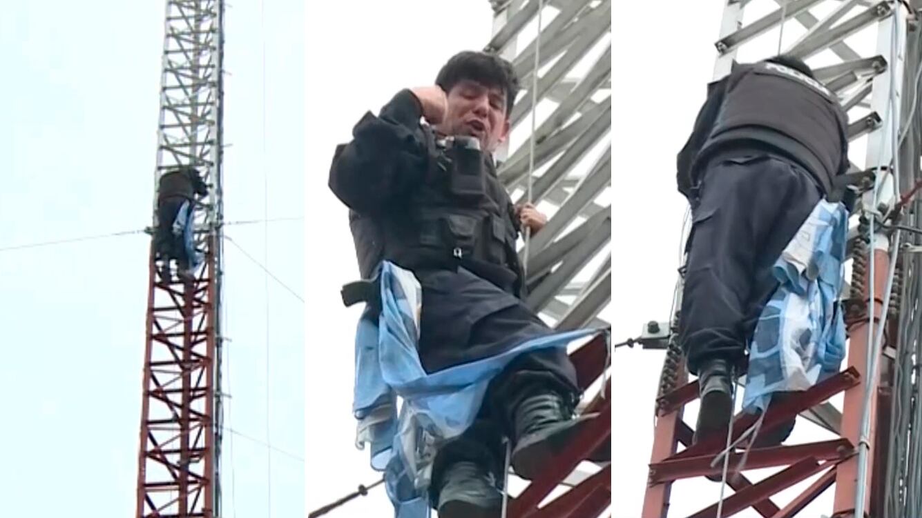 Dramático: polícia de la Bonaerense se sube a una antena y amenaza con suicidarse en plena protesta
