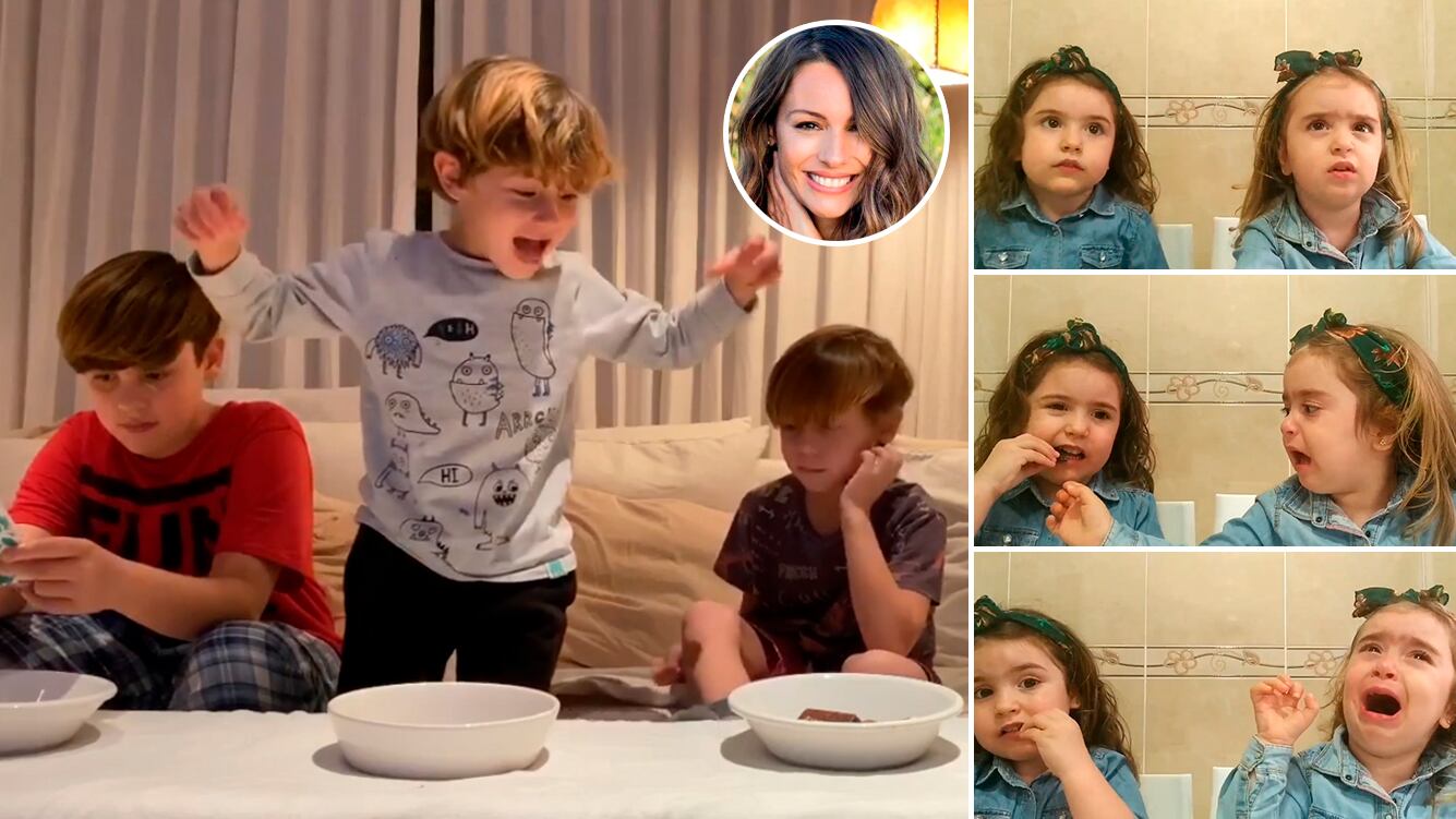Pampita recreó el video viral de la nena que come chocolates y su hermana con sus hijos 
