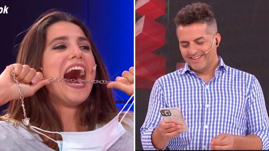 Los graciosos nervios de Cinthia Fernández cuando Ángel de Brito le revisó el celular en vivo