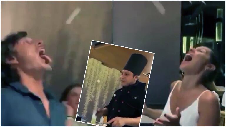 El particular juego de Pampita y Roberto García Moritán en sus vacaciones en la Riviera Maya: agarrar comida en el aire con la boca 