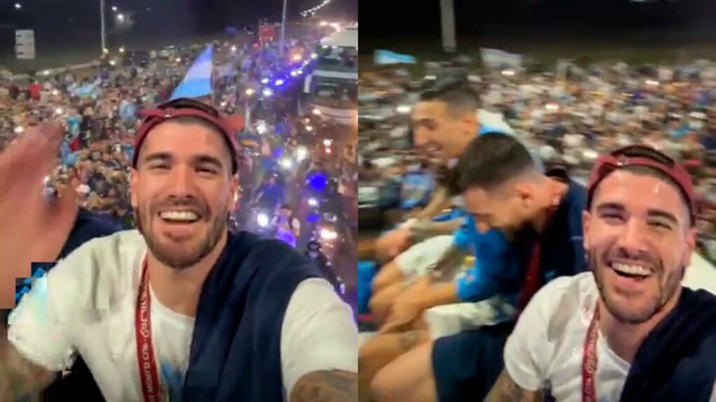 El video de Rodrigo de Paul junto a Messi y Di María en el micro, celebrando con una multitud al llegar a la Argentina  