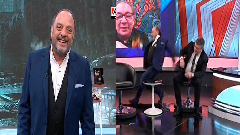 Baby Etchecopar se cayó al piso en vivo por tirarle alcohol a sus colaboradores