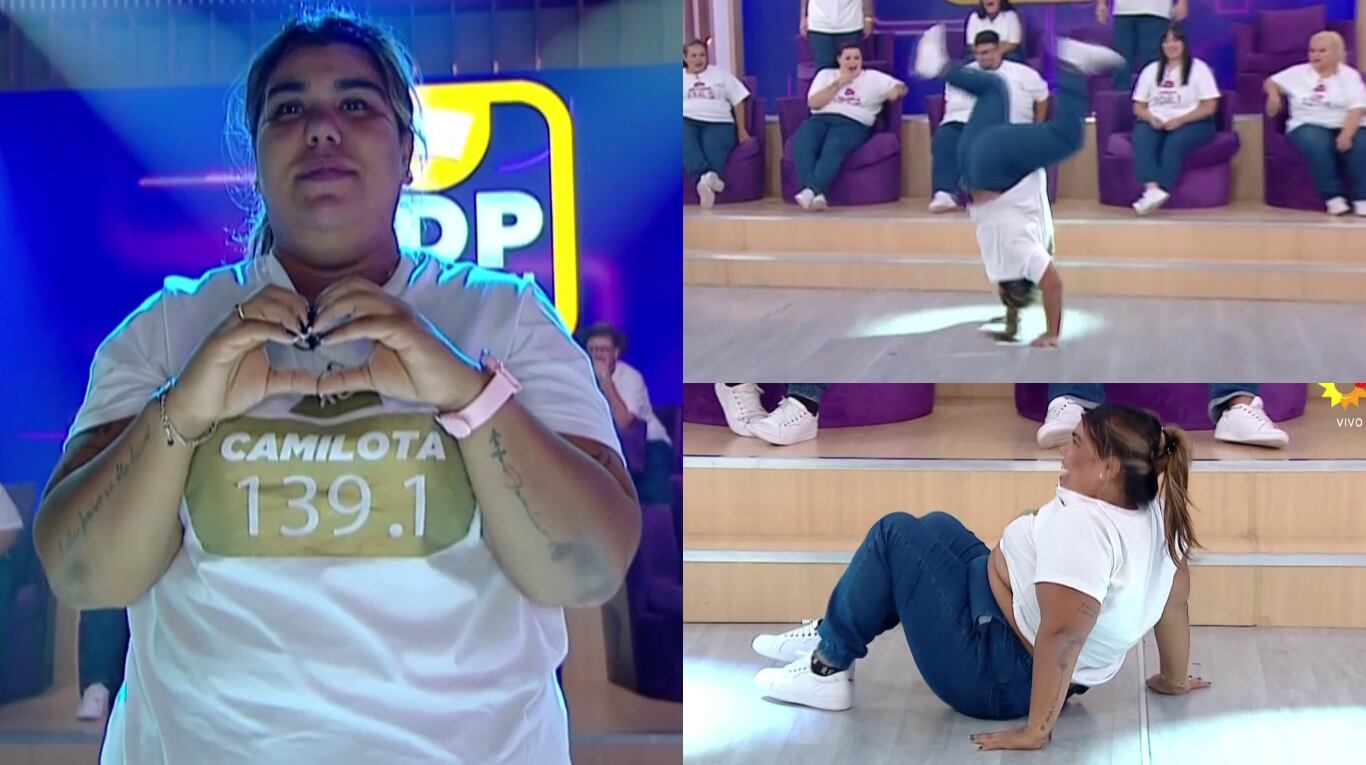 Camilota terminó en el piso tras la arriesgada acrobacia con la que festejó su pesaje en Cuestión de Peso