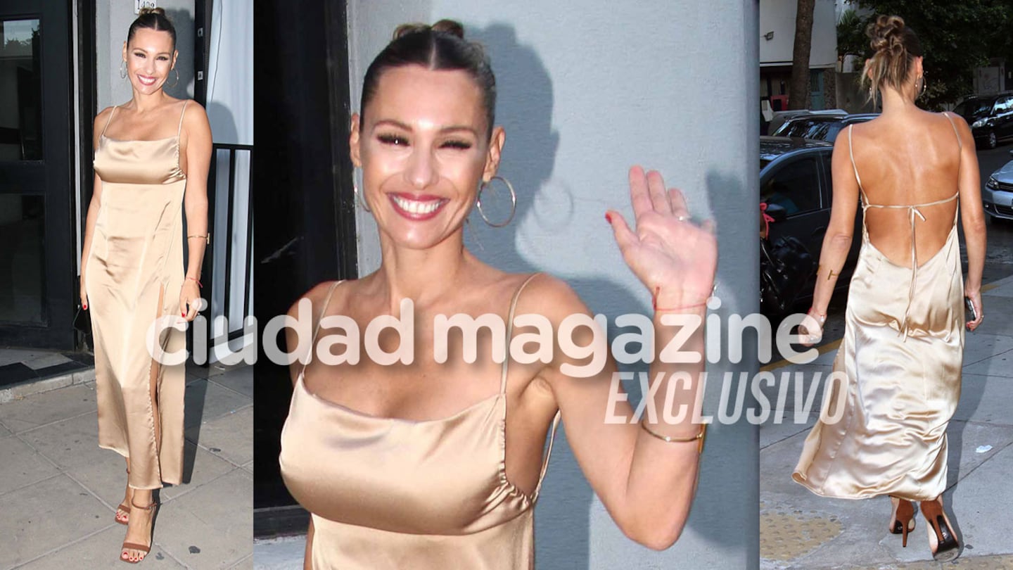 Impactante look de Pampita para Los 8 escalones: vestido de seda y maquillaje sobrio