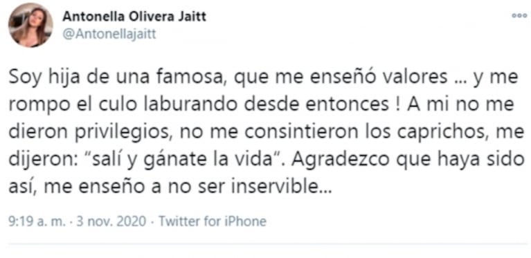 Implacable mensaje de la hija de Natacha Jaitt en pleno escándalo de Lola Latorre: "A mí no me dieron privilegios"