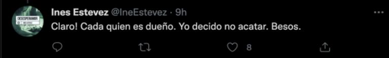 Inés Estévez hizo un contundente descargo debido a que el barbijo deja de ser obligatorio al aire libre: "Yo elijo no acatar"