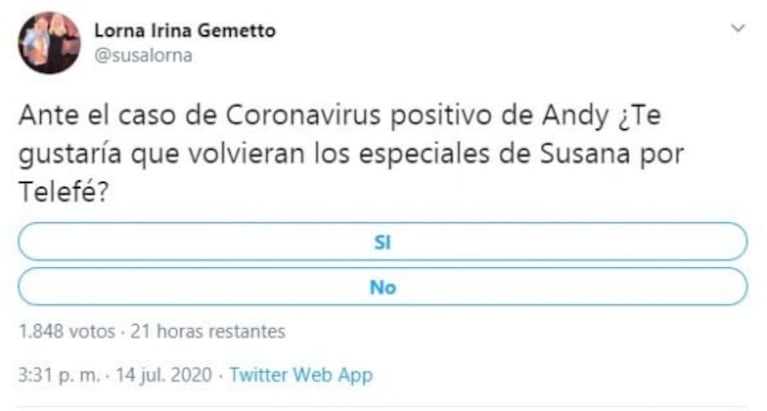 Insólita encuesta de Lorna, la fan de Susana Giménez, tras el Covid-19 positivo de Andy Kusnetzoff