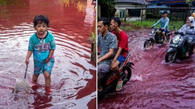 Inundación en una fábrica de teñidos vuelve “rojo sangre” el agua de una aldea india
