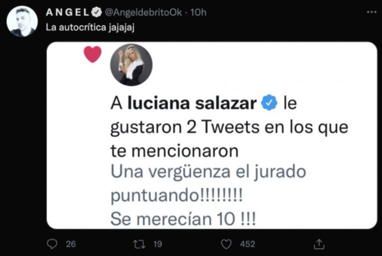 Irónica reacción de Ángel de Brito ante el fuerte 'like' de Luciana Salazar contra el jurado: "La autocrítica"