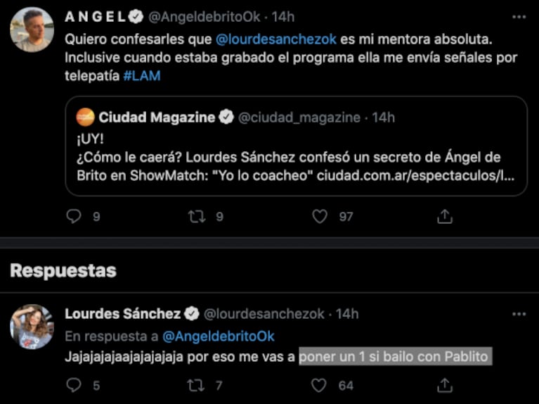 Irónica reacción de Ángel de Brito luego de que Lourdes Sánchez dijera que "coachea" sus devoluciones: "Me envía señales por telepatía"