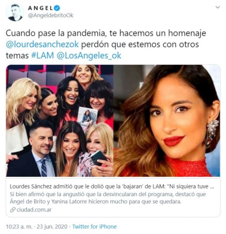 Irónica respuesta de Ángel de Brito, tras la queja de Lourdes Sánchez por no haber tenido despedida en LAM: "Estamos con otros temas"