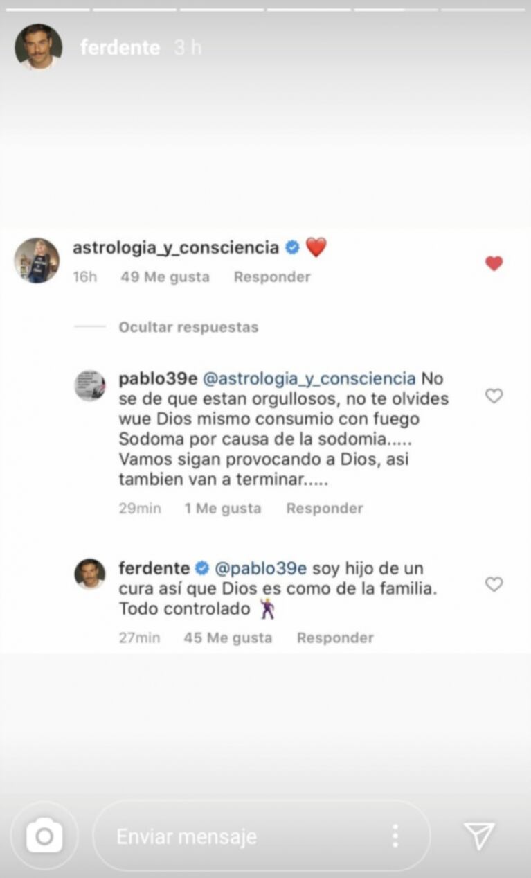 Irónica respuesta de Fer Dente a un mensaje homofóbico por presentar novio: "Soy hijo de un cura; Dios es de la familia"