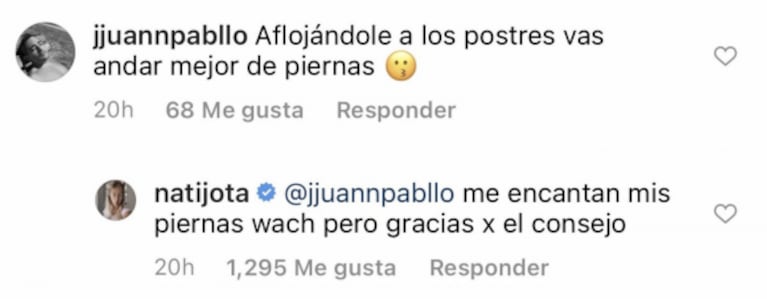 Irónica respuesta de Nati Jota a un 'hater' que le dijo que "aflojándole a los postres" se vería mejor: "Gracias, pero me encantan mis piernas wach"