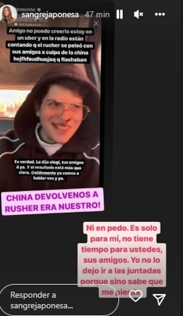 Irónico ida y vuelta de China Suárez con El Demente sobre el supuesto enojo de los amigos de Rusherking: "Es solo para mí" 