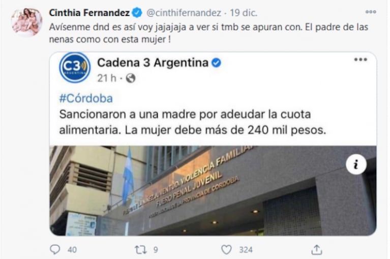 Irónico tweet de Cinthia Fernández en medio del conflicto con Matías Defederico por la cuota alimentaria