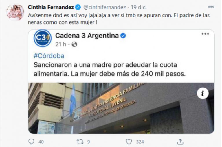 Irónico tweet de Cinthia Fernández en medio del conflicto con Matías Defederico por la cuota alimentaria