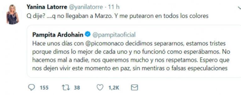 Irónico tweet de Yanina Latorre tras la separación de Pampita y Pico Mónaco: "Dije que no llegaban a marzo"