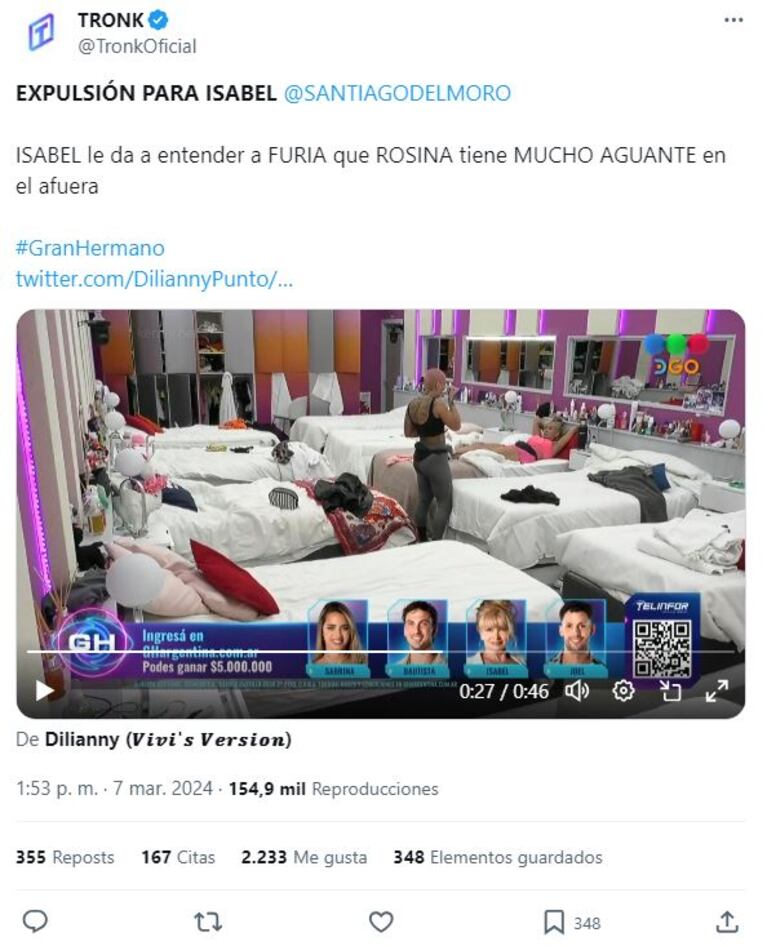 Isabel de Negri podría quedar afuera de Gran Hermano.