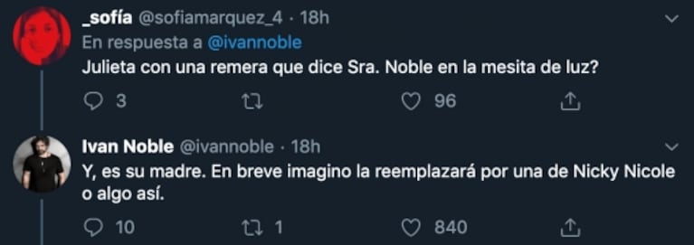 Iván Noble mostró la mesa de luz de su hijo con una foto de Julieta Ortega con la remera 'Sra. Noble': "En breve la reemplazará por Nicky Nicole"