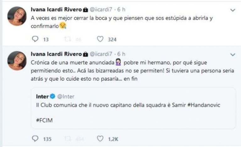 Ivana Icardi, contra Wanda luego de que Inter le saque la capitanía a Mauro: "Si tuviera una persona que lo cuide, no pasaría"