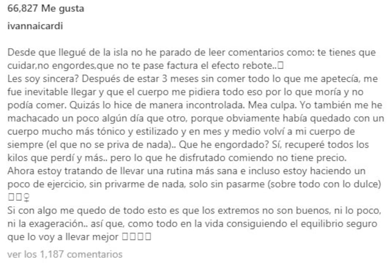 Ivana Icardi enfrentó los malvados comentarios tras aumentar 14 kilos al salir de un reality: "Lo que disfruté comiendo no tiene precio"