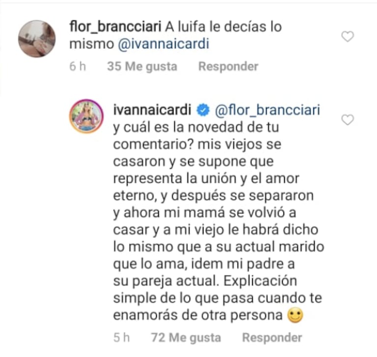 Ivana Icardi le contestó a una seguidora, que la chicaneó con que a Luifa Galesio le decía lo mismo que a su novio: "¿Cuál es la novedad de tu comentario?"