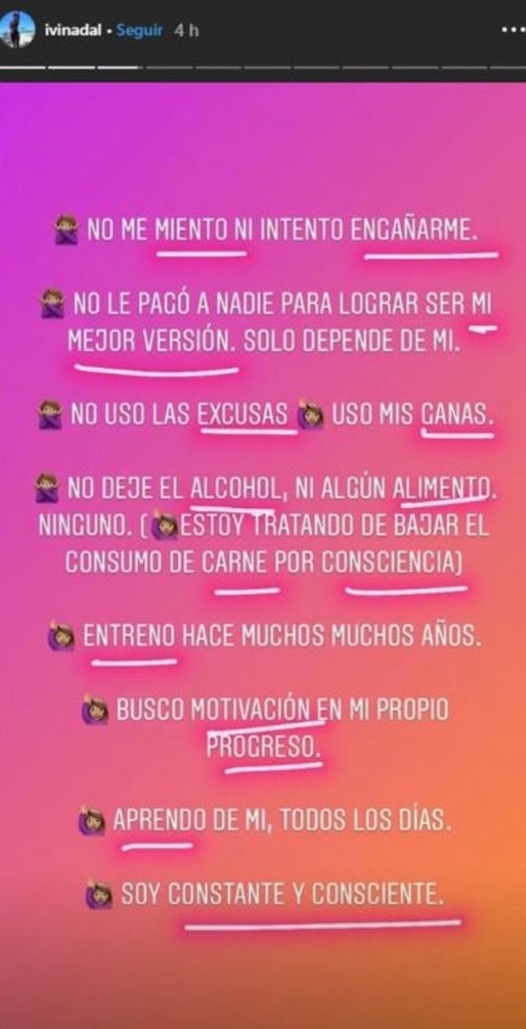 Ivana Nadal les respondió a quienes la cuestionan por su notorio cambio físico: "No dejé el alcohol; busco motivación en mi propio progreso"