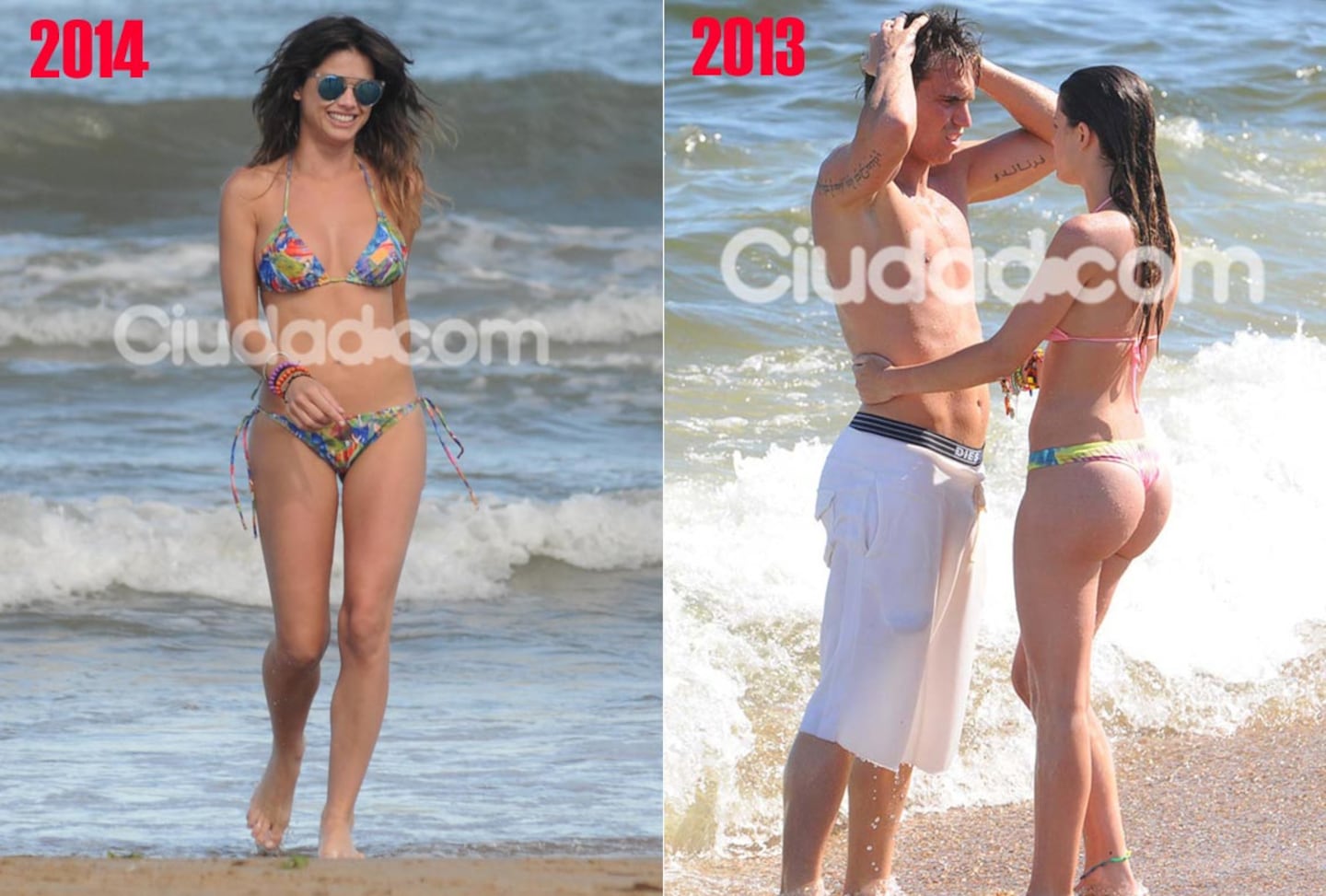 Izq: Vitto Saravia, hoy, sola en las playas de Punta. Der: el año pasado compartió sus vacaciones con Pablo Mouche. (Fotos: TMPress y archivo Ciudad.com)