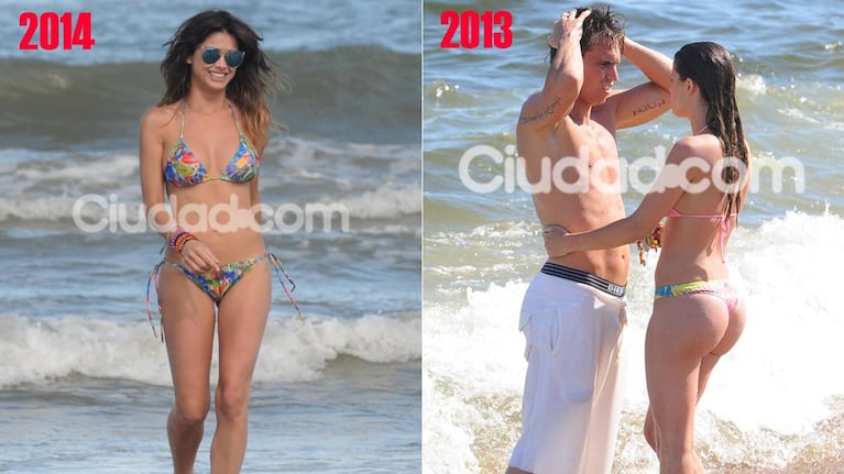 Izq: Vitto Saravia, hoy, sola en las playas de Punta. Der: el año pasado compartió sus vacaciones con Pablo Mouche. (Fotos: TMPress y archivo Ciudad.com)