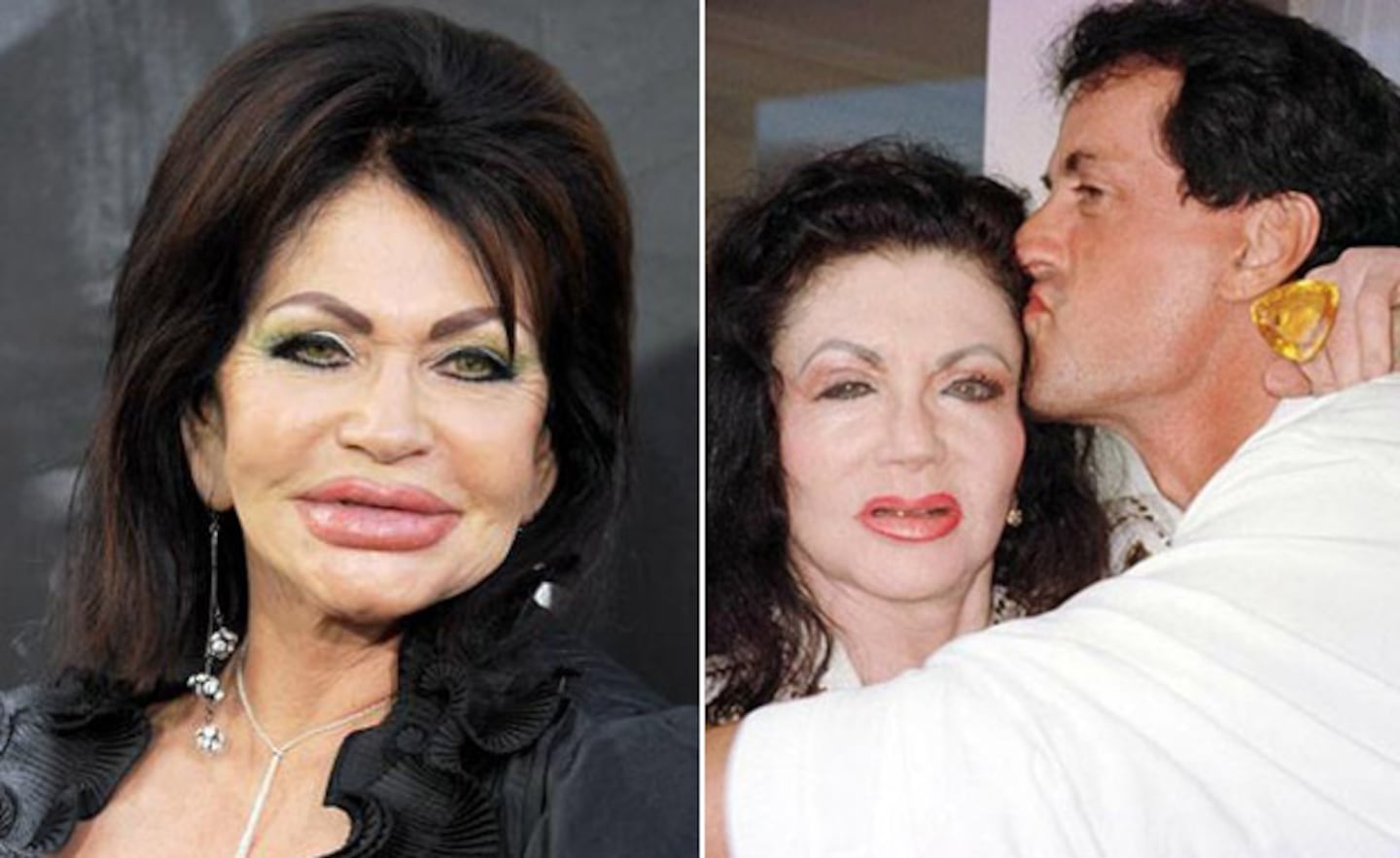 Jackie Stallone. Izquierda: después de la última cirugía. Derecha: antes del nuevo retoque facial, con su hijo Sylvester.