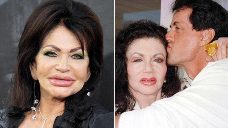 Jackie Stallone. Izquierda: después de la última cirugía. Derecha: antes del nuevo retoque facial, con su hijo Sylvester.