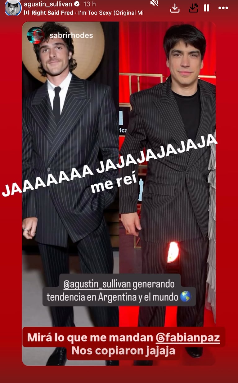 ¿Jacob Elordi le copió el look a Agustín Sullivan? El traje que desató la comparación en redes. Crédito: Instagram