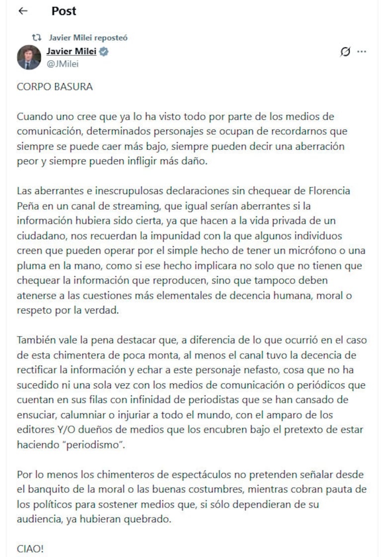 Javier Milei fulminó a Florencia Peña por la fake news sobre Jorge Messi (Foto de X)