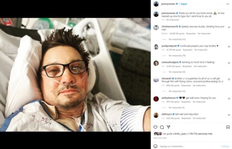 Jeremy Renner reapareció desde el hospital tras su tremendo accidente: "Les envío amor a todos"