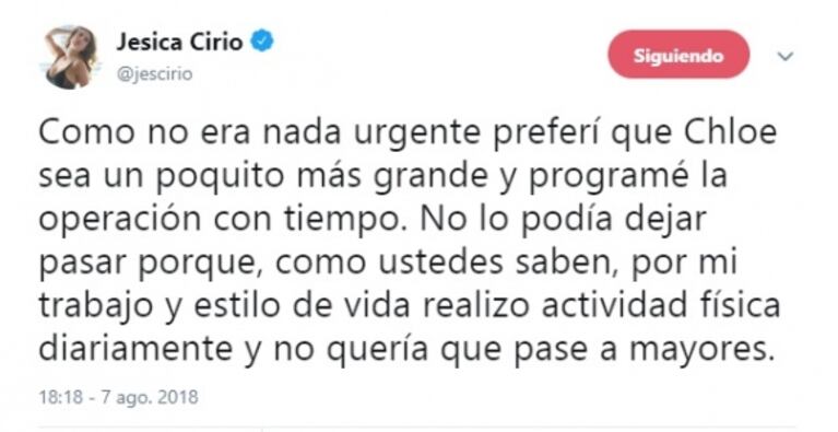 Jésica Cirio fue operada de una hernia umbilical: "Estoy muy bien, pero tengo que hacer reposo varios días"
